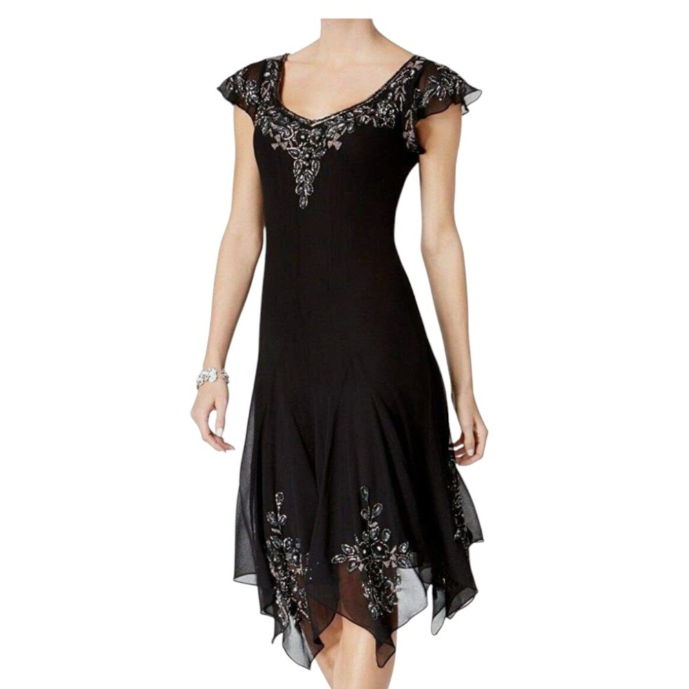 New JKARA Black Chiffon BEADED COCKTAIL DRESS Fairy Gothic WHIMSIGOTH Flutter 8